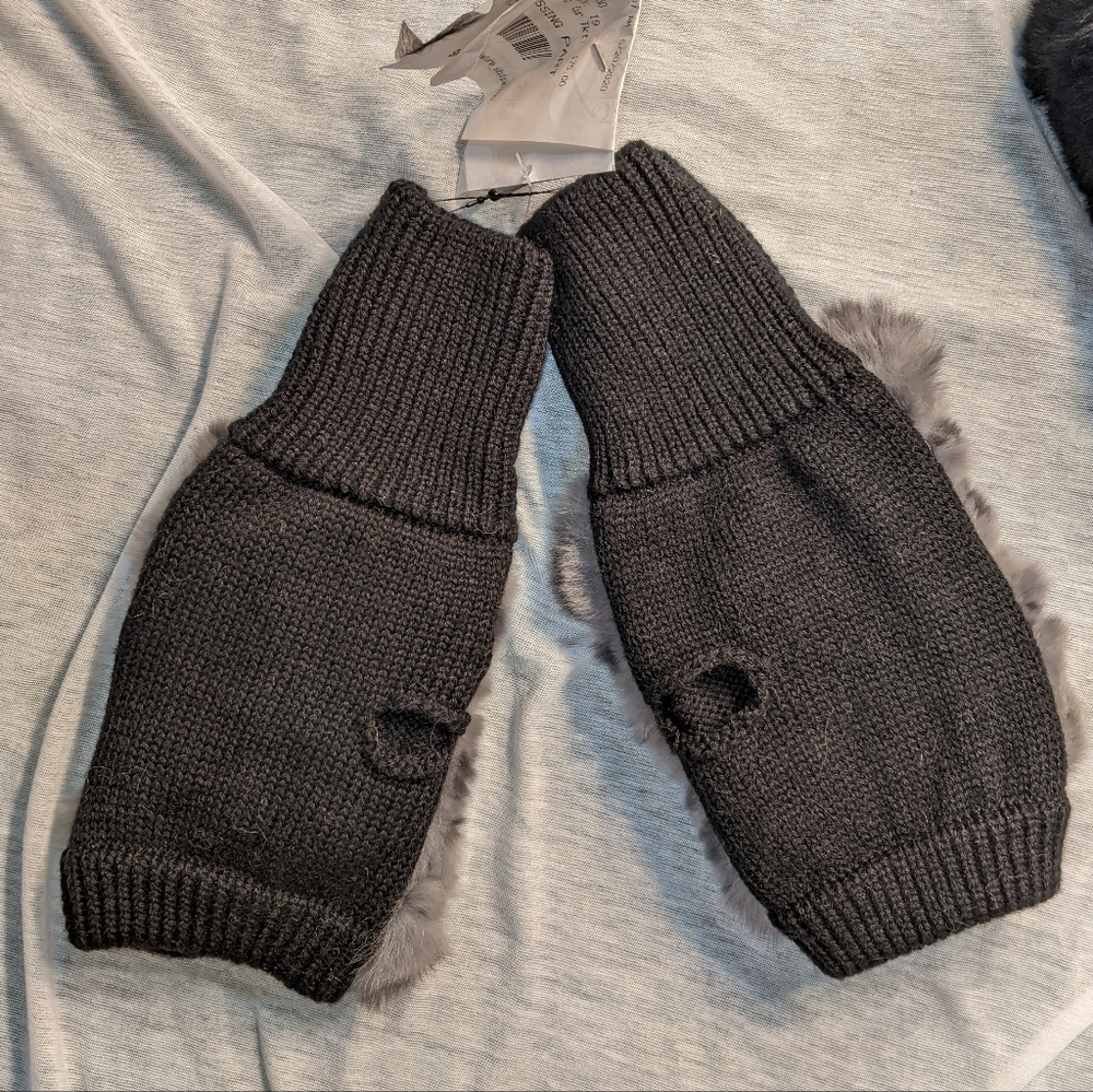 JOCELYN RABBIT FUR TOPPED WOOL BLEND FINGERLESS GLOVES MITTENS - Picture 2 of 5